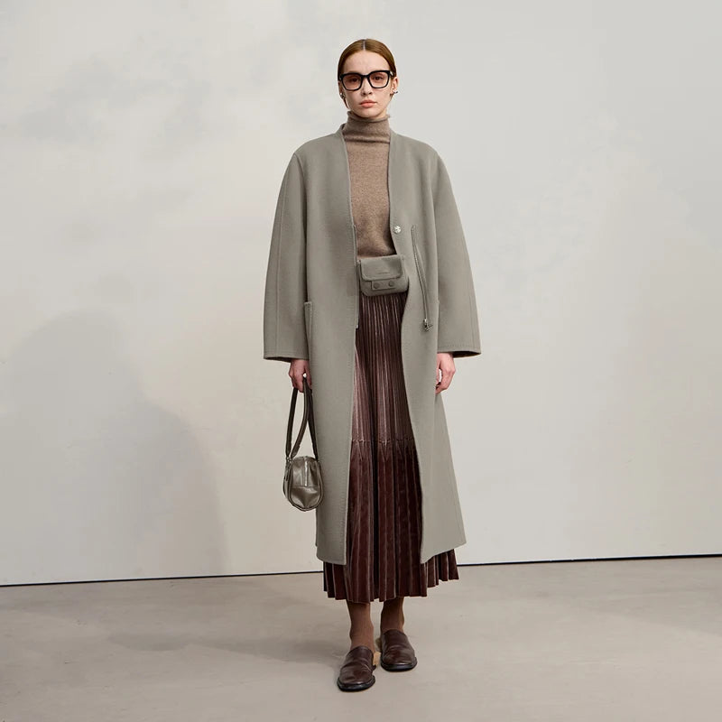 100% Wool Women's Jacket Coat 2025 Winter New Long Zipper Woolen Coat Woman With Belt Double-sided Tweed Jacket 12544007