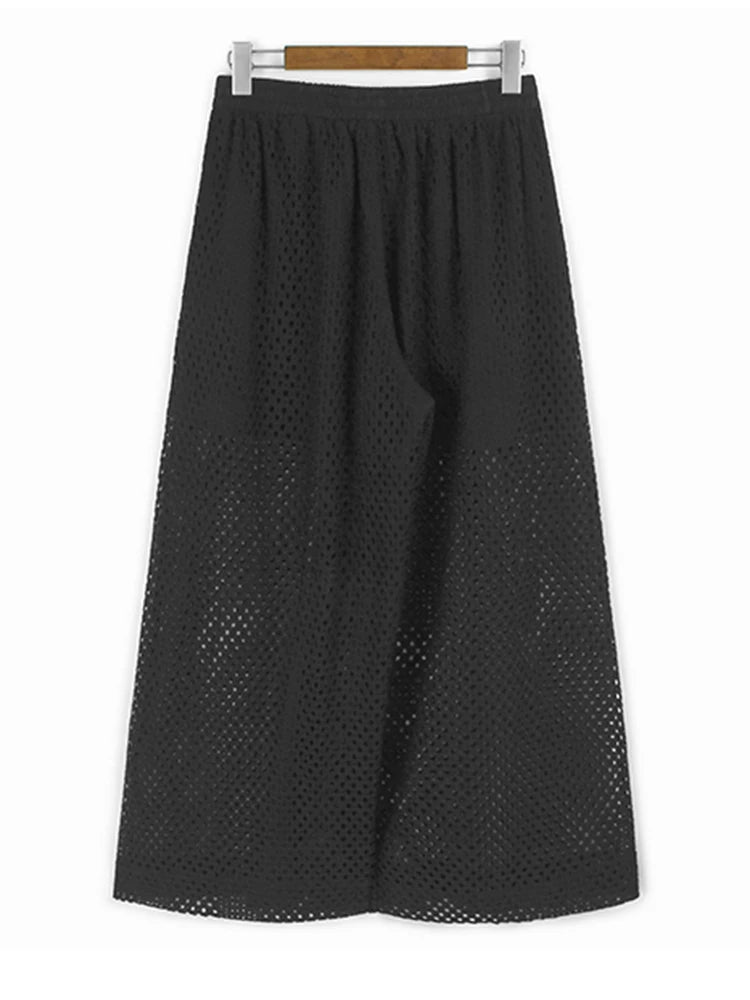 High Elastic Waist Black Grid Hollow Out Long Wide Leg Pants New Trousers Women Fashion Tide Spring Autumn 2025 1DJ1196