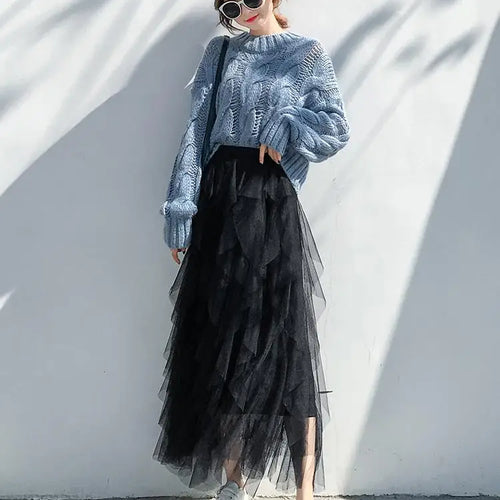 Load image into Gallery viewer, Spring Summer French Fashion Vintage Solid Mesh Slim Fairy Long Skirt Women High Waist Elegant Party Pleated A-line Skirt Simple
