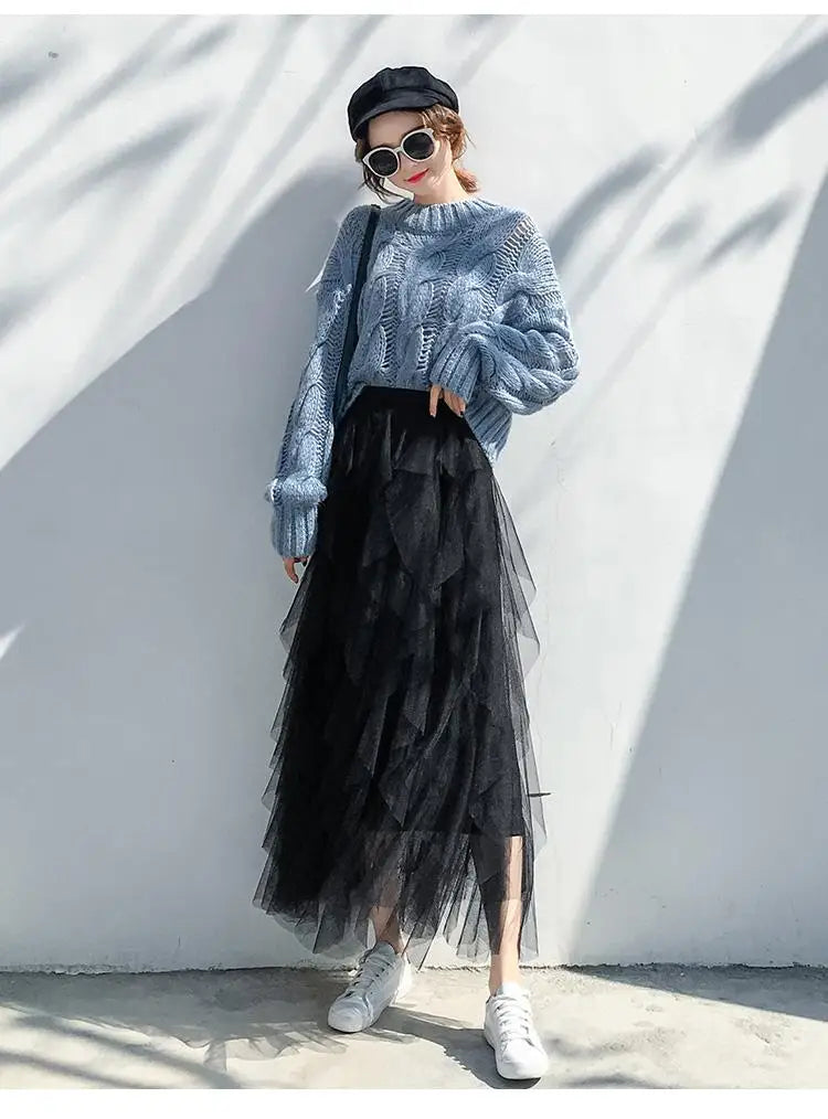 Spring Summer French Fashion Vintage Solid Mesh Slim Fairy Long Skirt Women High Waist Elegant Party Pleated A-line Skirt Simple