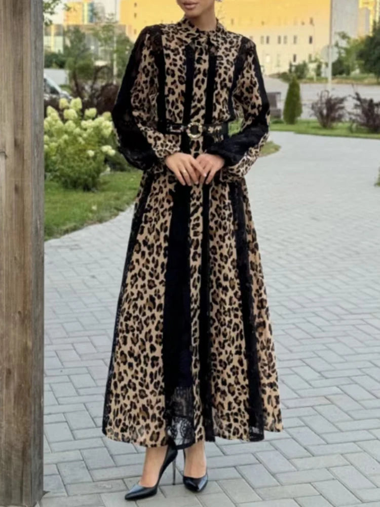 Leopard Printing Vintage Dresses For Women Lapel Long Sleeve High Waist Casual Loose Dress Female Fashion Female Fashion New