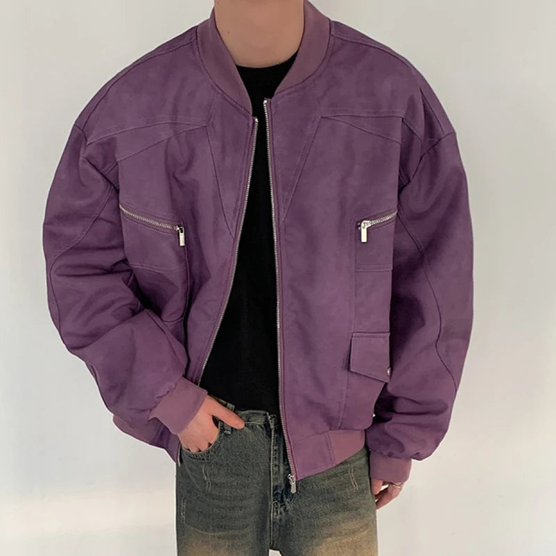 American Style Men's Jackets Casual PU Leather Zipper Patchwork Solid Color Loose Male Tops New Winter 2024 Fashion 9C6885