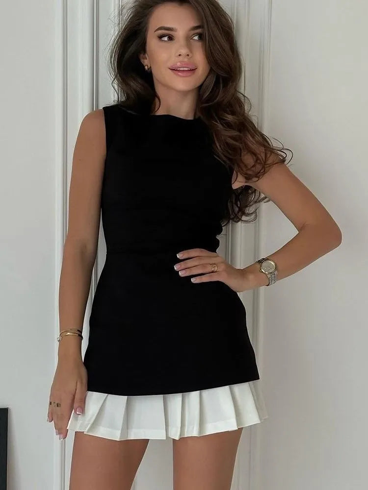 Elegant Sleeveless Slim Pleated Skirt Patchwork Dress For Women 2024 Summer New Evening Leisure Holiday Vestidos Female