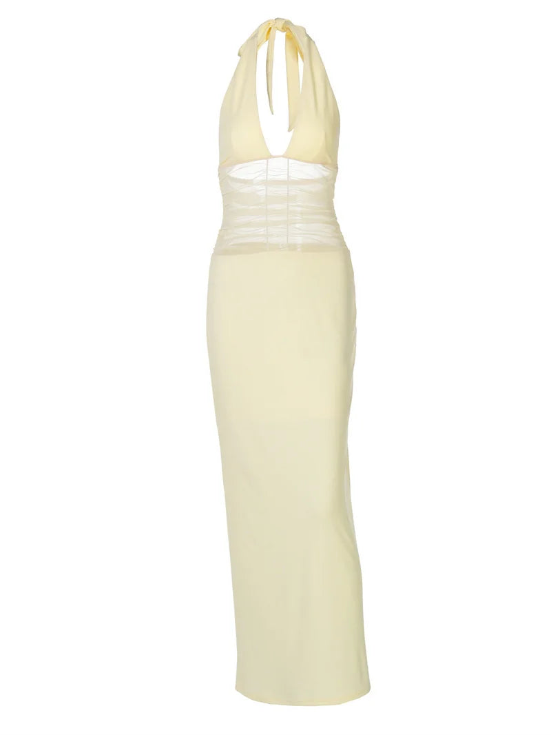 Mesh See Through Halter Sexy Maxi Dress Women Gown Fashion Deep V Neck Sleeveless Backless Bodycon Long Dress Elegant