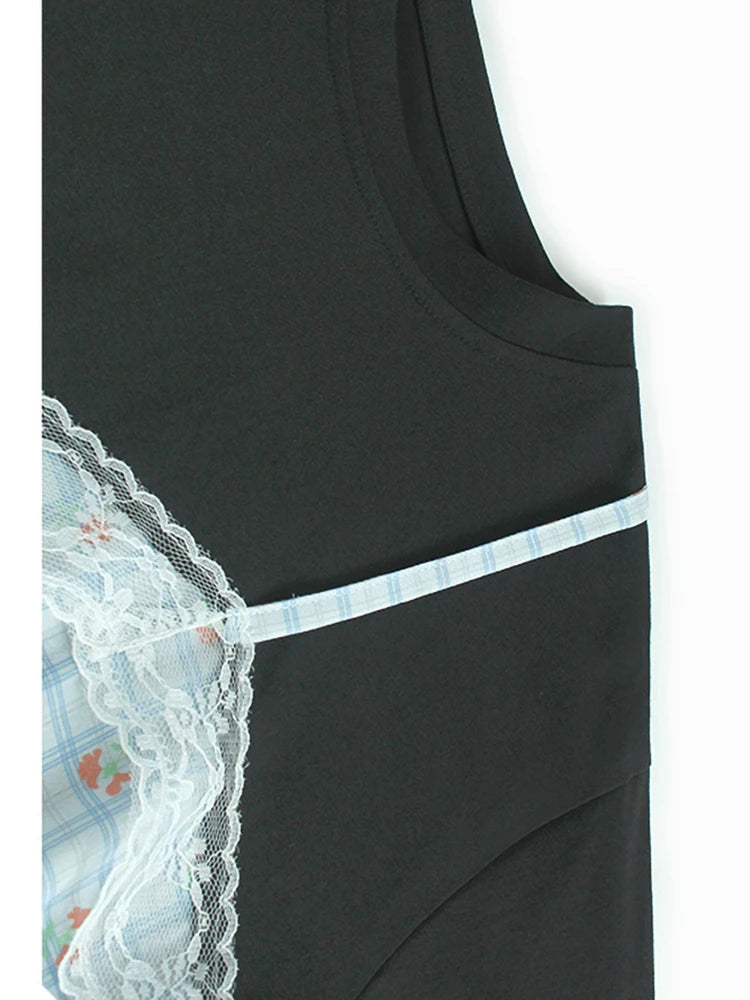 Women Black Lace False Two Big Size Elegant T-shirt New Round Neck Short Sleeve Fashion Tide Spring Summer 2025  1DJ0590