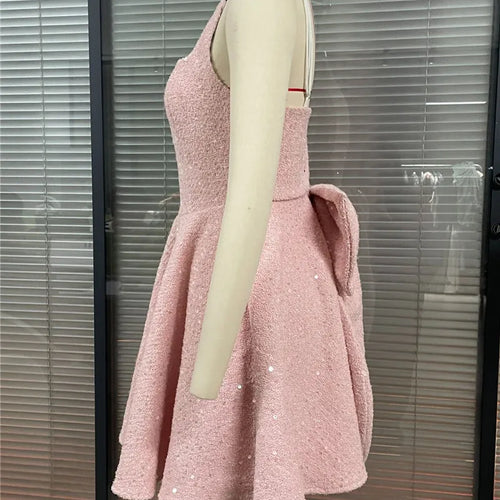 Load image into Gallery viewer, Sequins Bow Backless Sexy Mini Dress For Women Robe Fashion Square Collar Sleeveless High Waist A-line Club Dress
