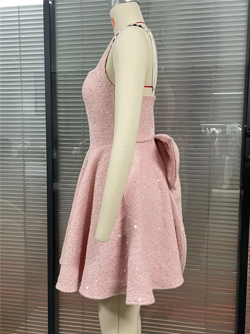 Sequins Bow Backless Sexy Mini Dress For Women Robe Fashion Square Collar Sleeveless High Waist A-line Club Dress