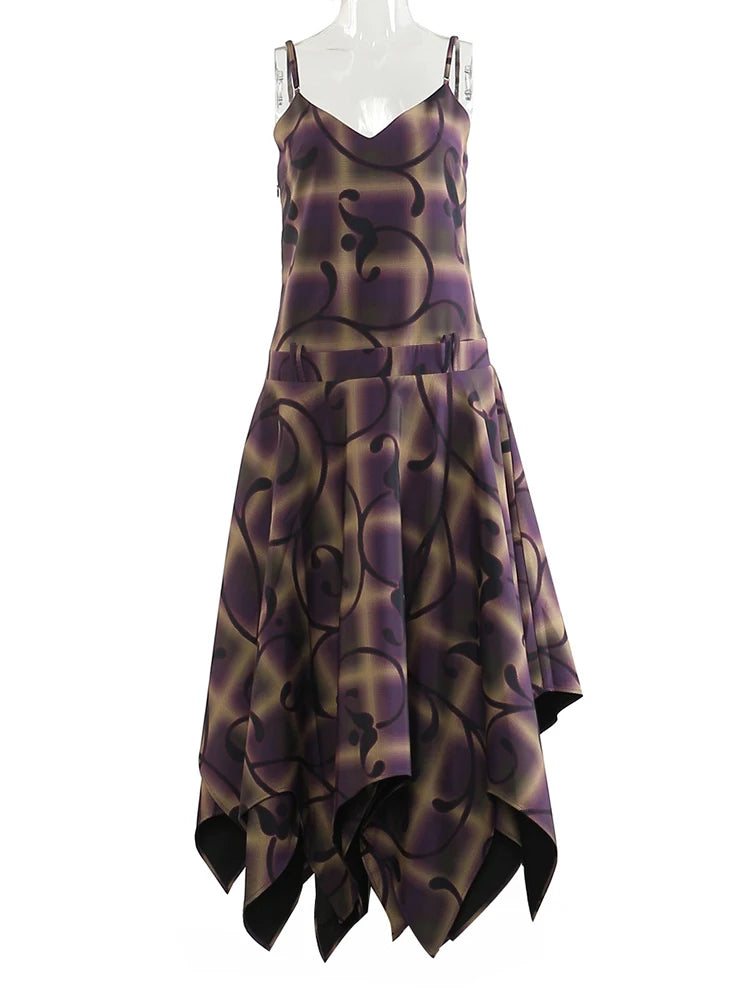 Women Purple Print Irregular Elegant Spaghetti Strap Dress New V-Neck Sleeveless Fashion Tide Spring Autumn 2025 1DJ0346