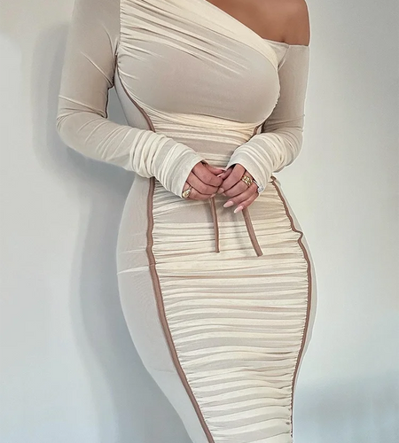 Diagonal Collar Long Sleeve Midi Dress For Women Two Layer Mesh Backless Ruched Bodycon Club Party Sexy Long Dress