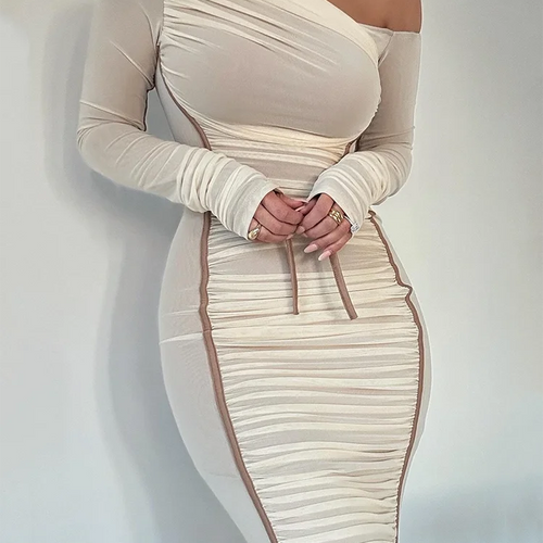 Load image into Gallery viewer, Diagonal Collar Long Sleeve Midi Dress For Women Two Layer Mesh Backless Ruched Bodycon Club Party Sexy Long Dress
