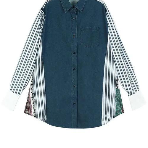 Load image into Gallery viewer, Women Blue Pattern Printed Denim Big Size Long Blouse New Lapel Long Sleeve Shirt Fashion Tide Spring Autumn 2025 1DH4876
