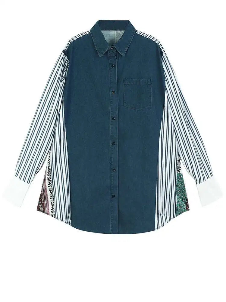 Women Blue Pattern Printed Denim Big Size Long Blouse New Lapel Long Sleeve Shirt Fashion Tide Spring Autumn 2025 1DH4876