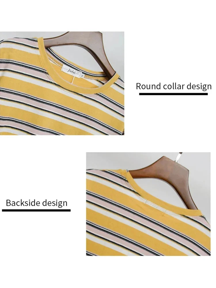 Korean Summer Palace Fashion Loose Round Neck Casual Women T-shirt Top Novel and Unique Contrast Stripe Short Sleeve Women's Top