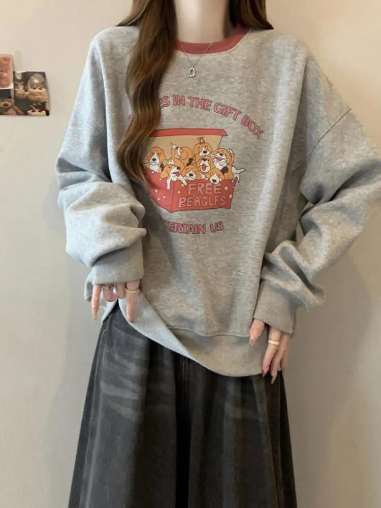Korean Version Autumn Winter New Grey Patchwork Round Neck Long Sleeved Cotton Tops Women Casual Plush Velvet Sweatershirt Trend