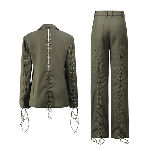 Load image into Gallery viewer, Solid Spliced Lace Up Hollow Out Two Piece Sets for Women Lapel Long Sleeves Blazer High Waist Pant Ste Female New
