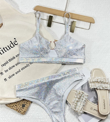 Silver Shiny Bikini Set 2024 Halter Hollow Out Swimsuit Women Swimwear Ring Brazilian Bathing Suit