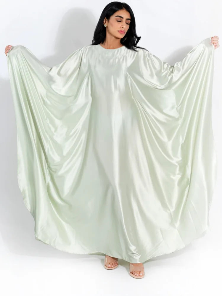 Fashion Satin Long Sleeved Large Opening Long Dress Women Slim Round Neck Robe Dress Female Elegant Party Evening Dress