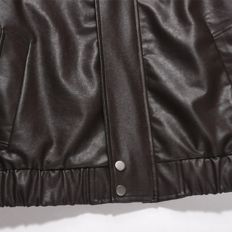 Men's PU Leather Jacket American Solid Color Motorcycle Jackets Streetwear Loose Turn-down Collar Trendy Spring 9W1462