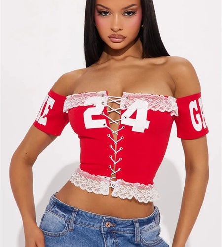 Patchwork Lace t-Shirts Women Bandage Cross Number Print One Shoulder Skinny Summer Backless Street Versatile Mini Tops