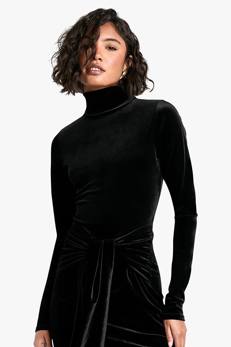 Velvet Long Sleeve Sexy Maxi Dress For Women Autumn Winter New Turtleneck Draped Ruched Bodycon Sexy Long Dress