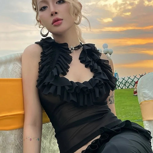 Load image into Gallery viewer, Harajuku Gauze Ruffled U Neck Tees Women Y2k Aesthetic Solid Vintage Sleeveless T-Shirt Streetwear See Through Grunge Slim Tops
