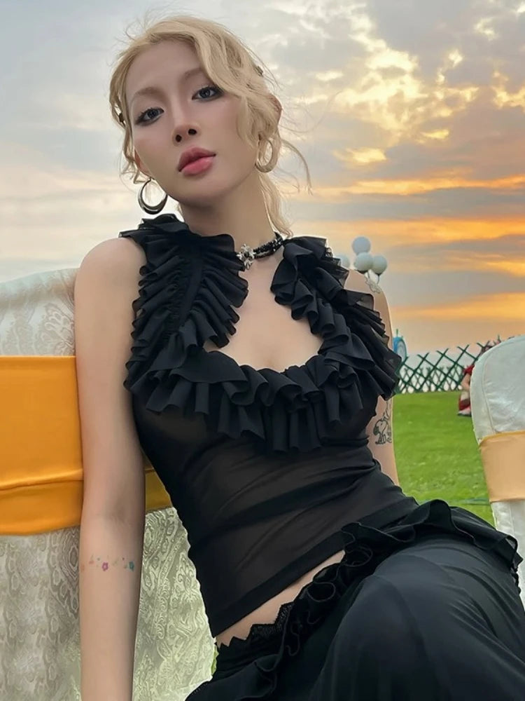 Harajuku Gauze Ruffled U Neck Tees Women Y2k Aesthetic Solid Vintage Sleeveless T-Shirt Streetwear See Through Grunge Slim Tops