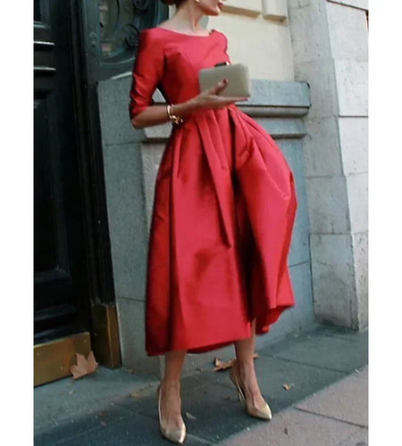 Women  A-Line Long Sleeve Dresses Half Sleeves Round-Neck Pleated  Elegant Classical Evening Christmas Midi Dresses