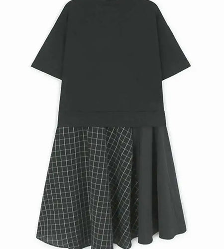 Women Black Plaid Color-block Big Size Midi Dress New Round Neck Short Sleeve Fashion Tide Spring Summer 2025 1DJ0086