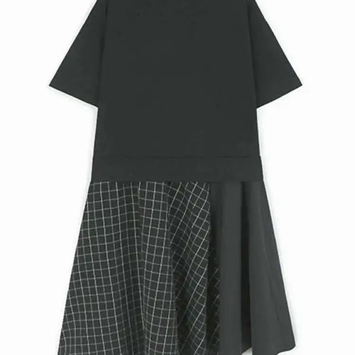 Load image into Gallery viewer, Women Black Plaid Color-block Big Size Midi Dress New Round Neck Short Sleeve Fashion Tide Spring Summer 2025 1DJ0086
