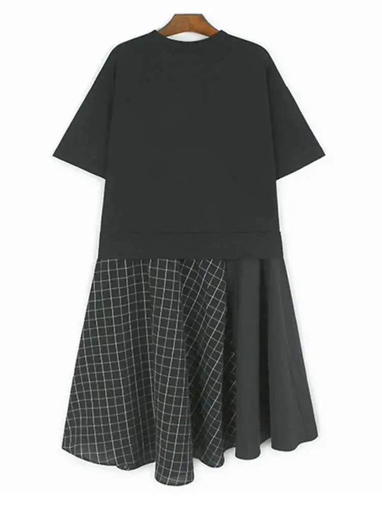 Women Black Plaid Color-block Big Size Midi Dress New Round Neck Short Sleeve Fashion Tide Spring Summer 2025 1DJ0086