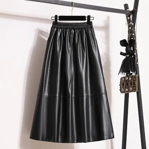 Load image into Gallery viewer, Fashion Black Elegant Pu Leather Pleated Long Skirt Women&#39;s Brown Elegant High Waist Plus Size A-line Party Skirt Femme New
