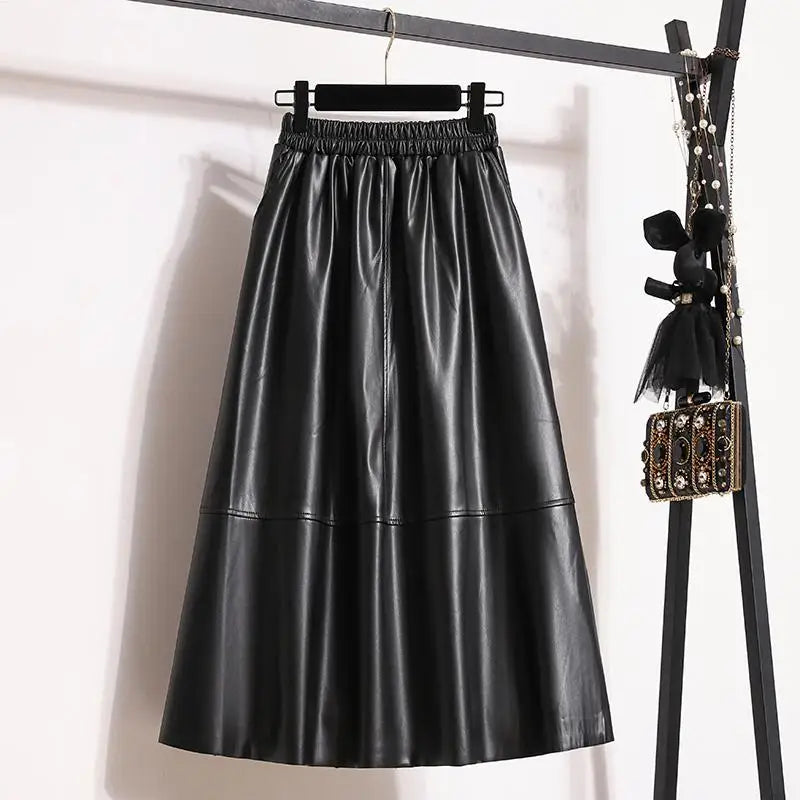 Fashion Black Elegant Pu Leather Pleated Long Skirt Women's Brown Elegant High Waist Plus Size A-line Party Skirt Femme New