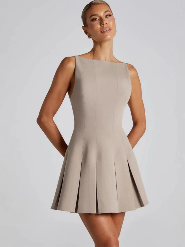 Backless High Waist A-line Sexy Mini Dress Women Robe Spaghetti Strap Sleeveless Pleated Club Party Dress Elegant