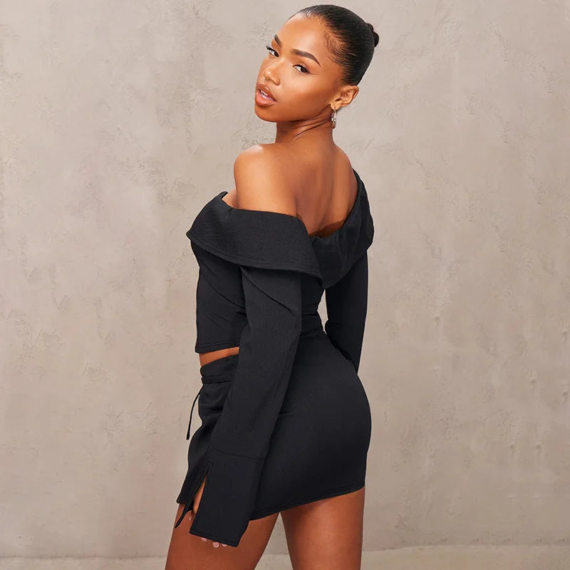 Sexy Two Piece Sets Women Off-shoulder Long Sleeve T-shirt And Mini Skirt Matching Sets Backless Sexy 2 Piece Sets