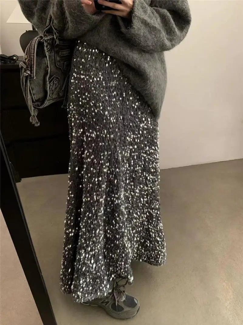 Spring Summer Fashion Y2k Streetwear Velvet Long Skirt Women Solid Elegant Elastic High Waist Sequin Wrap Hip Fishtail Skirt New