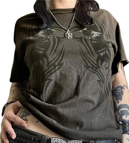 Cyber y2k Shirt 2000s Women Skull Print O Neck Short Sleeve Tops Aesthetic E Girl Clothes Mall Goth Clothing Streetwear