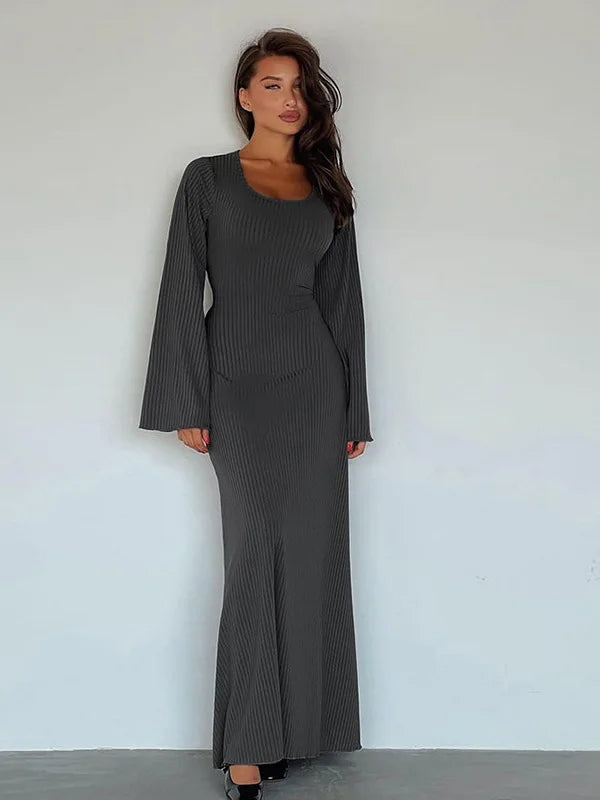 Autumn/Winter New Women Sweater Square Neck Flare Sleeve Lace up Waist Slim Dress Bodycon Party Club Street Clothing