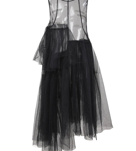 Women Black Irregular Ruffles Mesh Elegant Perspective Dress New Round Neck Sleeveless Fashion Spring Summer 2025 CPDB108
