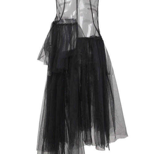Load image into Gallery viewer, Women Black Irregular Ruffles Mesh Elegant Perspective Dress New Round Neck Sleeveless Fashion Spring Summer 2025 CPDB108
