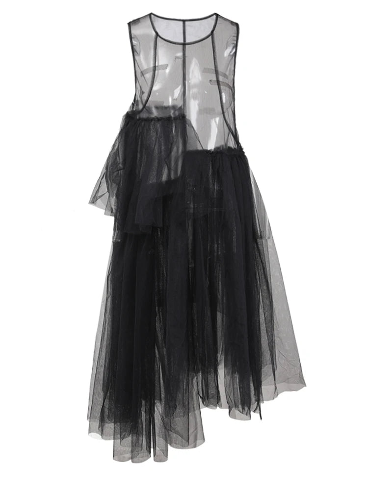 Women Black Irregular Ruffles Mesh Elegant Perspective Dress New Round Neck Sleeveless Fashion Spring Summer 2025 CPDB108