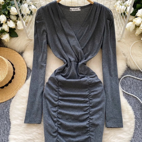 Load image into Gallery viewer, Korean 2025 Spring New Black Elegant Long Sleeves Office Wrapping Hip Mini Dress Women Grey V Neck Vacation Pleated Short Dress
