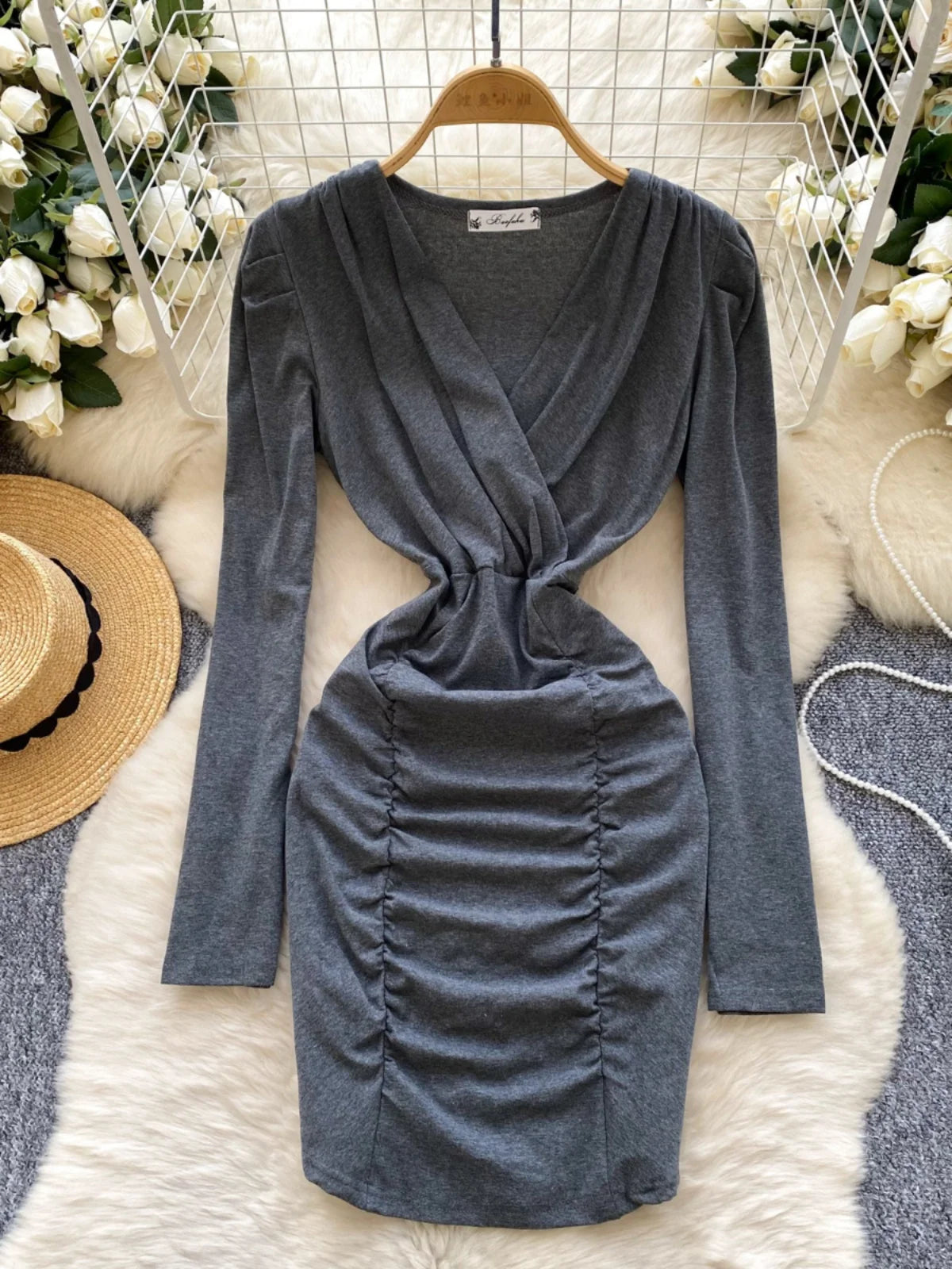 Korean 2025 Spring New Black Elegant Long Sleeves Office Wrapping Hip Mini Dress Women Grey V Neck Vacation Pleated Short Dress