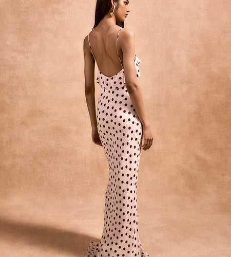 Rose Polka Dot Maxi Dress For Women Gown Spaghetti Strap Off-shoulder Sleeveless Backless Elegant Evening Club Dress
