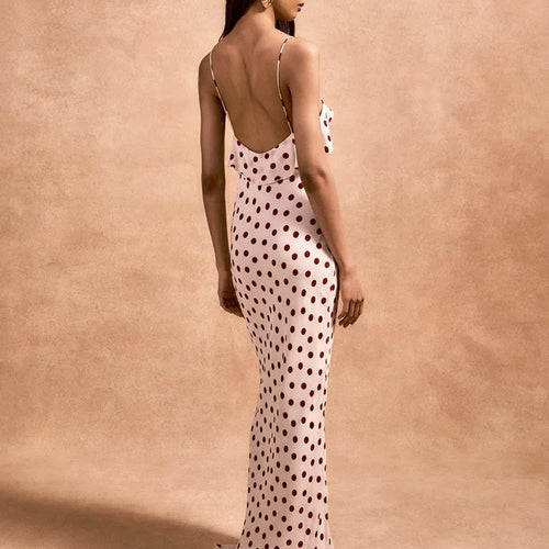 Load image into Gallery viewer, Rose Polka Dot Maxi Dress For Women Gown Spaghetti Strap Off-shoulder Sleeveless Backless Elegant Evening Club Dress
