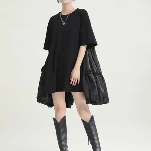 Load image into Gallery viewer, Women Black Ruffles Irregular Big Size Mini Dress New Round Neck Short Sleeve Fashion Tide Spring Summer 2025 1DH9574
