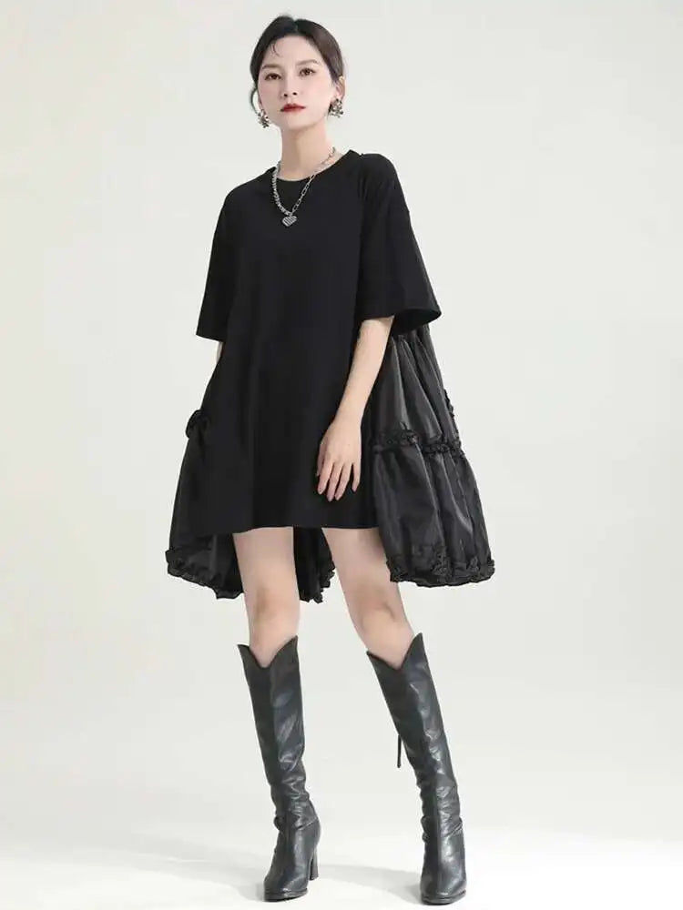 Women Black Ruffles Irregular Big Size Mini Dress New Round Neck Short Sleeve Fashion Tide Spring Summer 2025 1DH9574