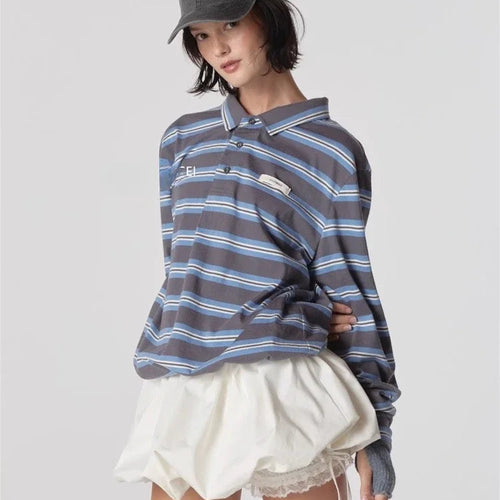 Load image into Gallery viewer, T Shirts Women Streetwear Vintage Striped Tshirts Y2k Tops Fashion Casual Tees Drawstring Loose Camisetas Korean T-shirt
