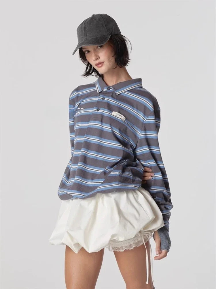 T Shirts Women Streetwear Vintage Striped Tshirts Y2k Tops Fashion Casual Tees Drawstring Loose Camisetas Korean T-shirt