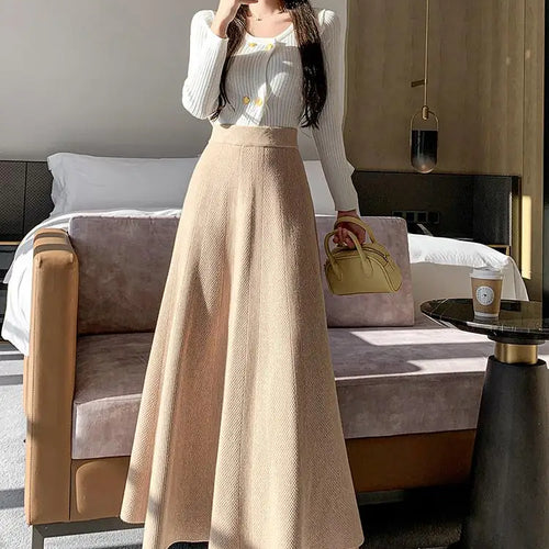 Load image into Gallery viewer, French Fashion Winter Autumn Warm Women Solid Knit Long Skirt Retro Elastic High Waist Ruffle Edge A-line Pleated Skirt 2024 New
