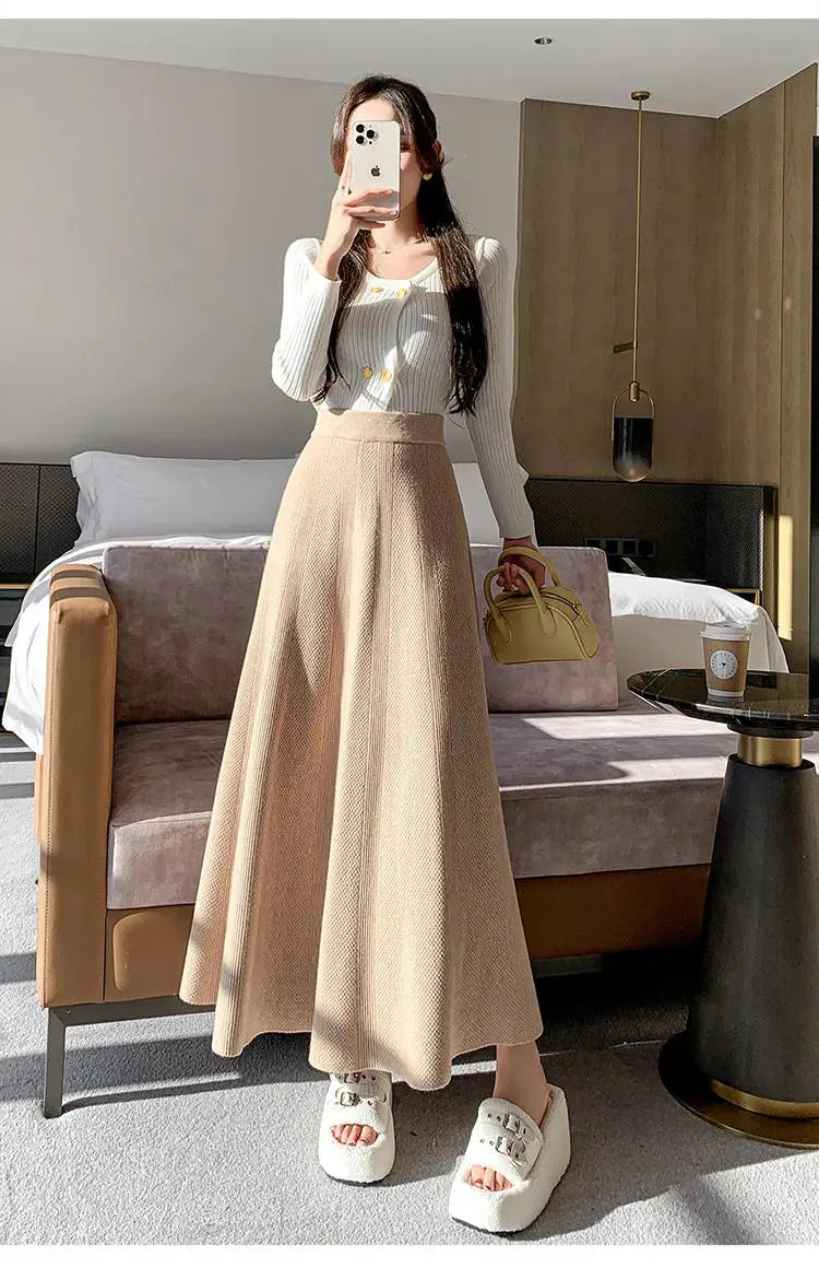 French Fashion Winter Autumn Warm Women Solid Knit Long Skirt Retro Elastic High Waist Ruffle Edge A-line Pleated Skirt 2024 New